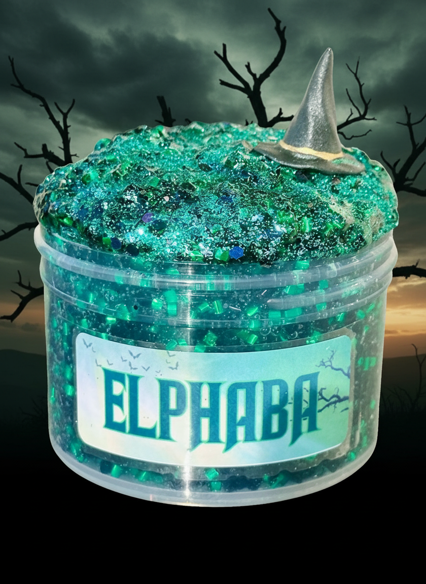 Jar of green glittery slime with a witch hat on top against a dark, Halloween-themed background.